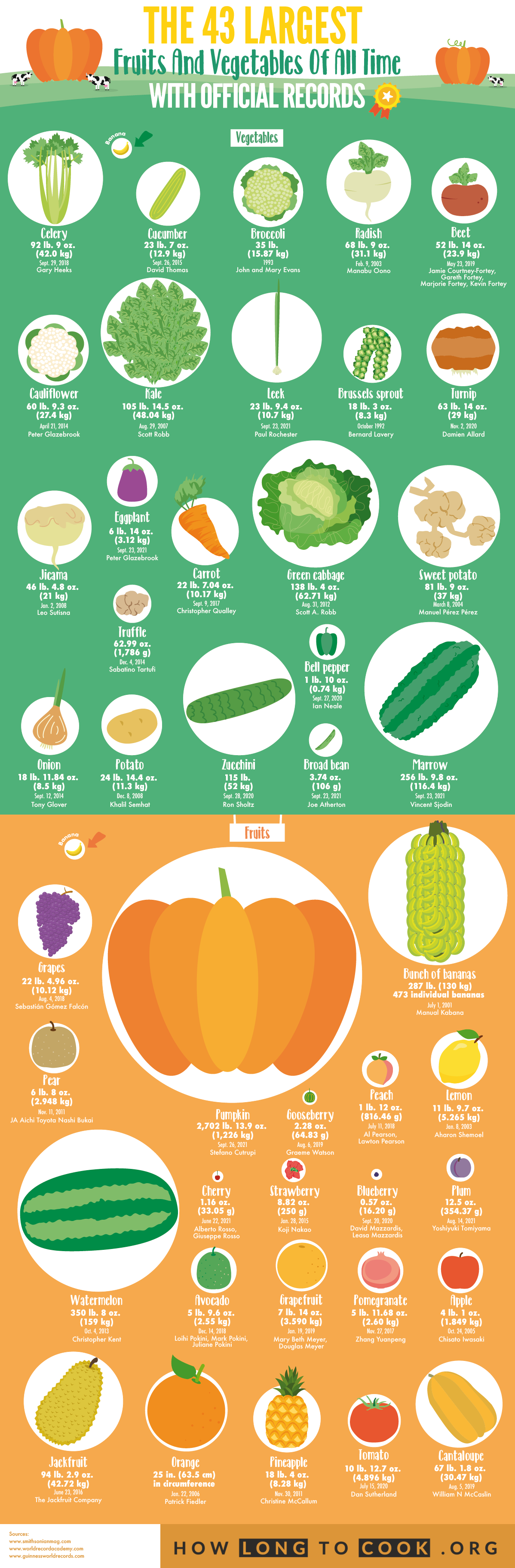 The 43 Largest Fruits and Vegetables of All Time With Official Records - How Long To Cook Calculator - Infographic